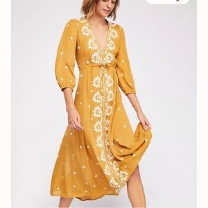 Free People Embroidered Fable Maxi Boho Dress in Bright Mustard Yellow 🌼✨